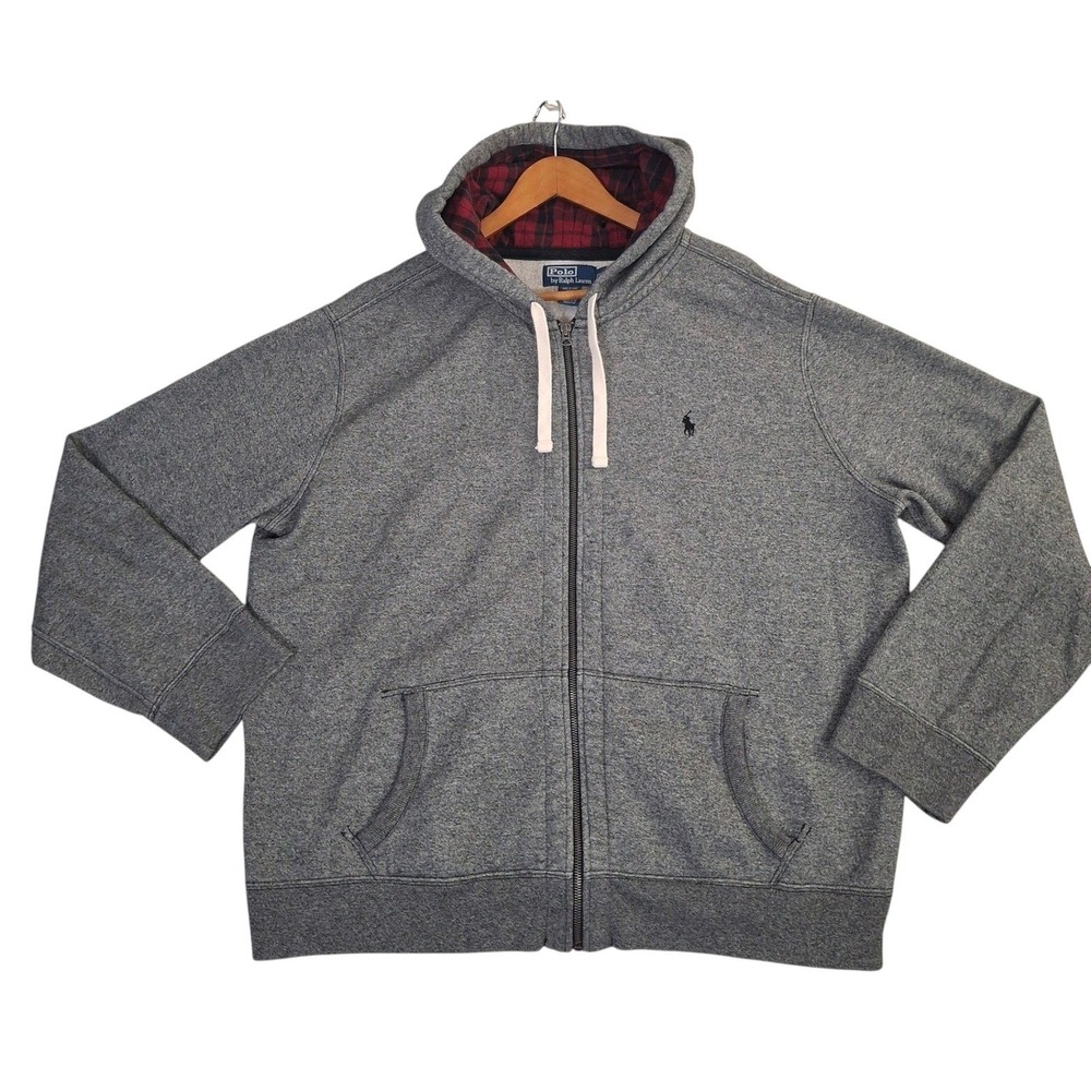 Polo Ralph Lauren Full Zip Hoodie Mens XXL Gray Plaid Hood Conmar Zipper Y2K